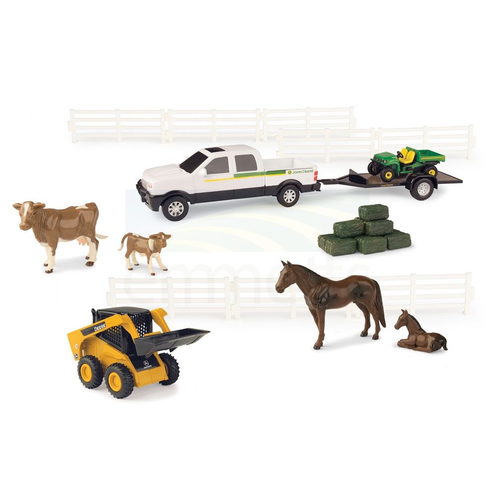 1:32 John Deere Utility Vehicle Set with Pickup Truck, Trailer, Gator, Skid Steer, Horses, Cows & Fencing 46669