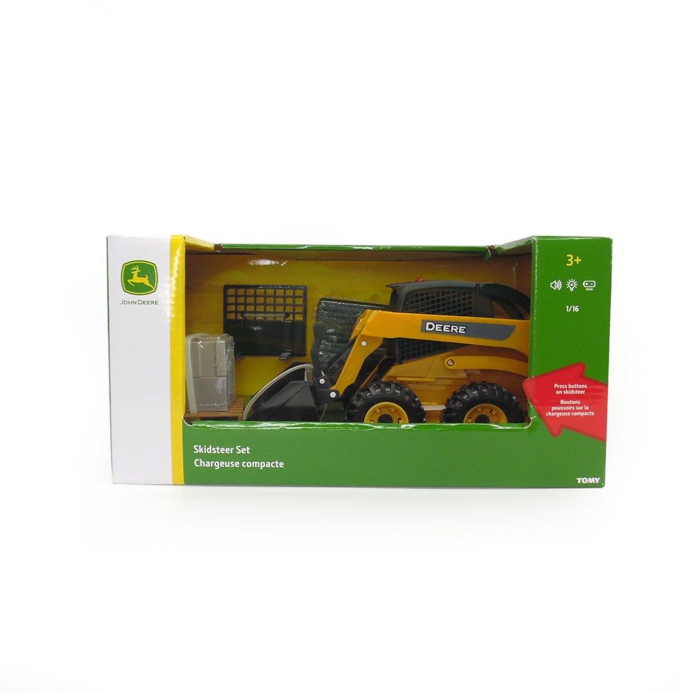 1:16 Big Farm John Deere Skid Loader Playset; Skid Steer, Cement Blocks, Pallet & Hay Bales 46225