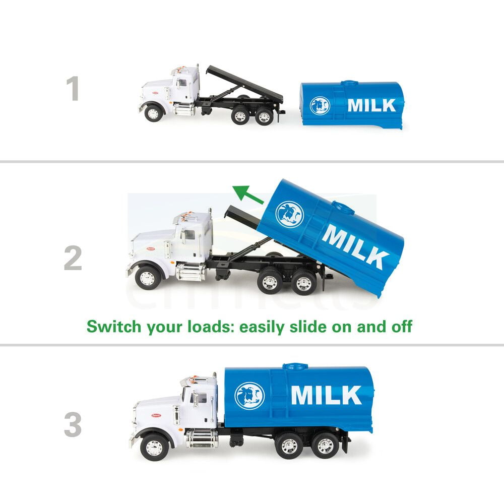1:32 John Deere Peterbilt Switch N Load Playset; Milk Tank, Flat Bed, Utility Tractor, Cows, Fences & Hay Bales 47496