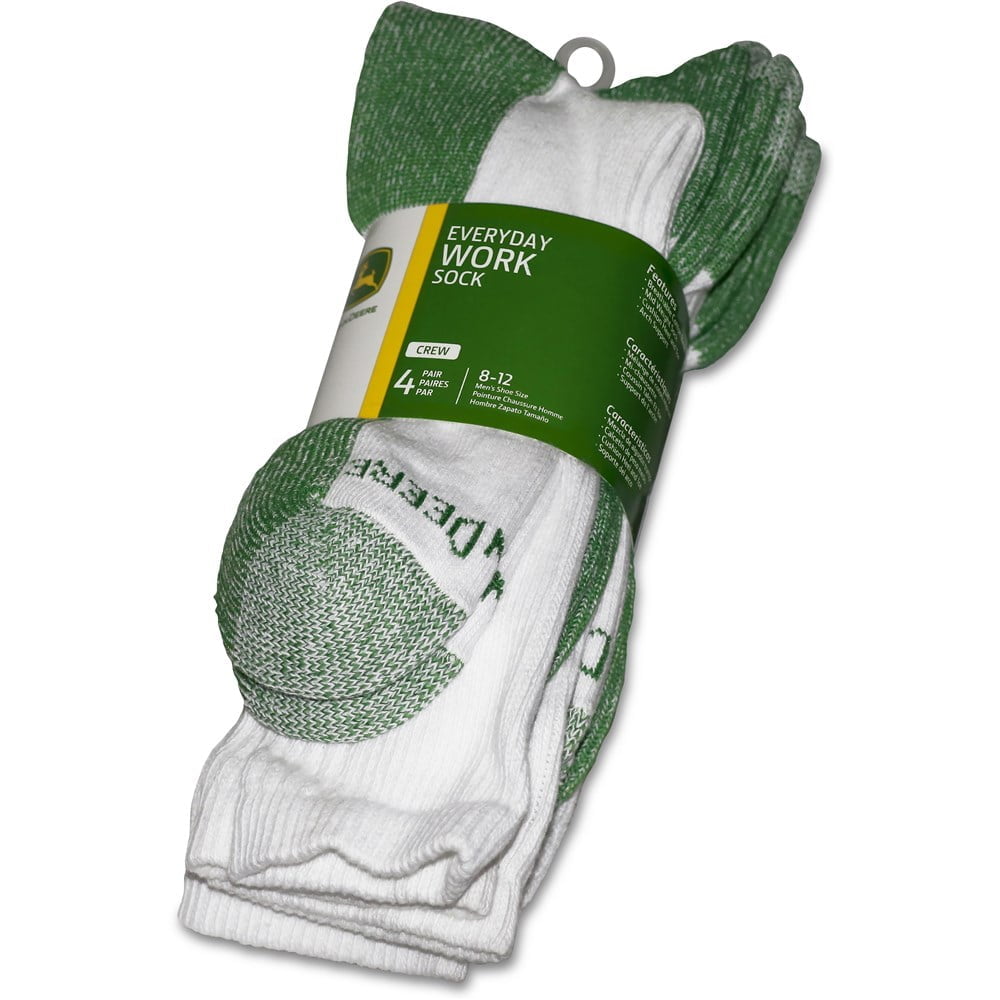 John Deere 4PK of White & Green Crew Work Socks Men's 8-12 JD12510WHCAU