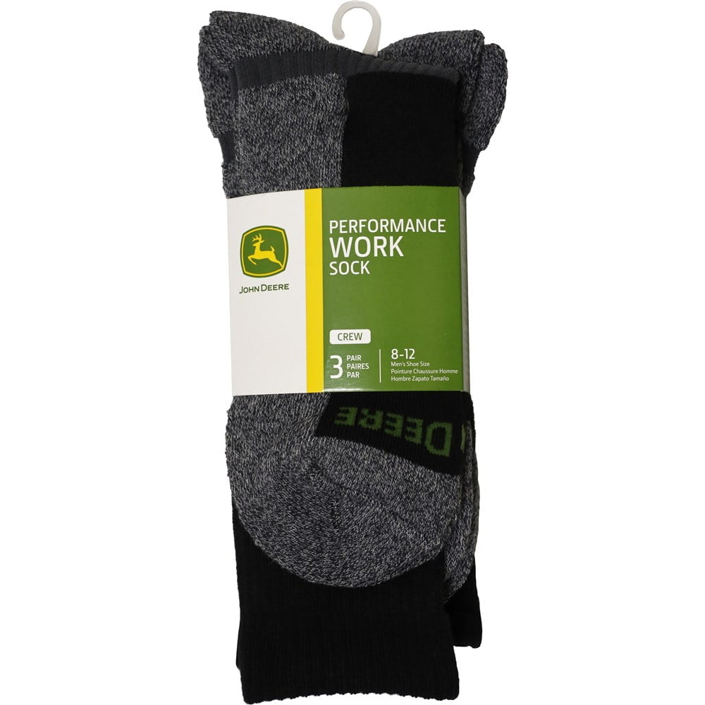 John Deere 3PK of Black & Grey Crew Work Socks Men's 8-12 JD57410BKCAU