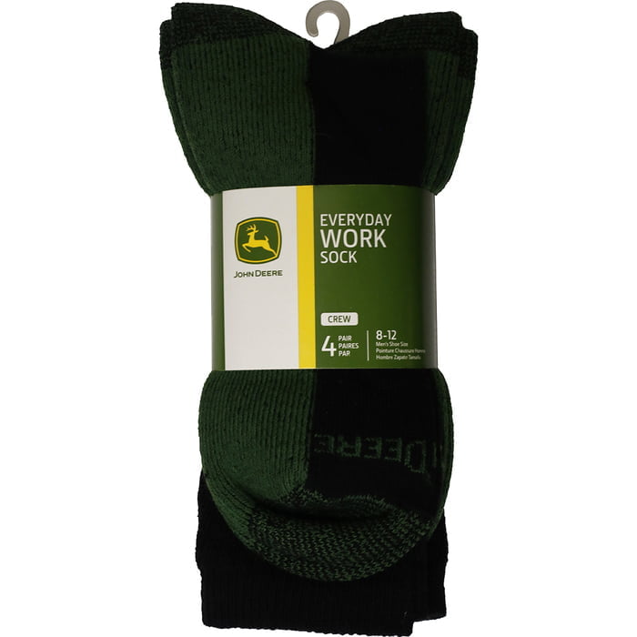 John Deere 4PK of Black & Green Crew Work Socks Men's 8-12 JD90910BKCAU