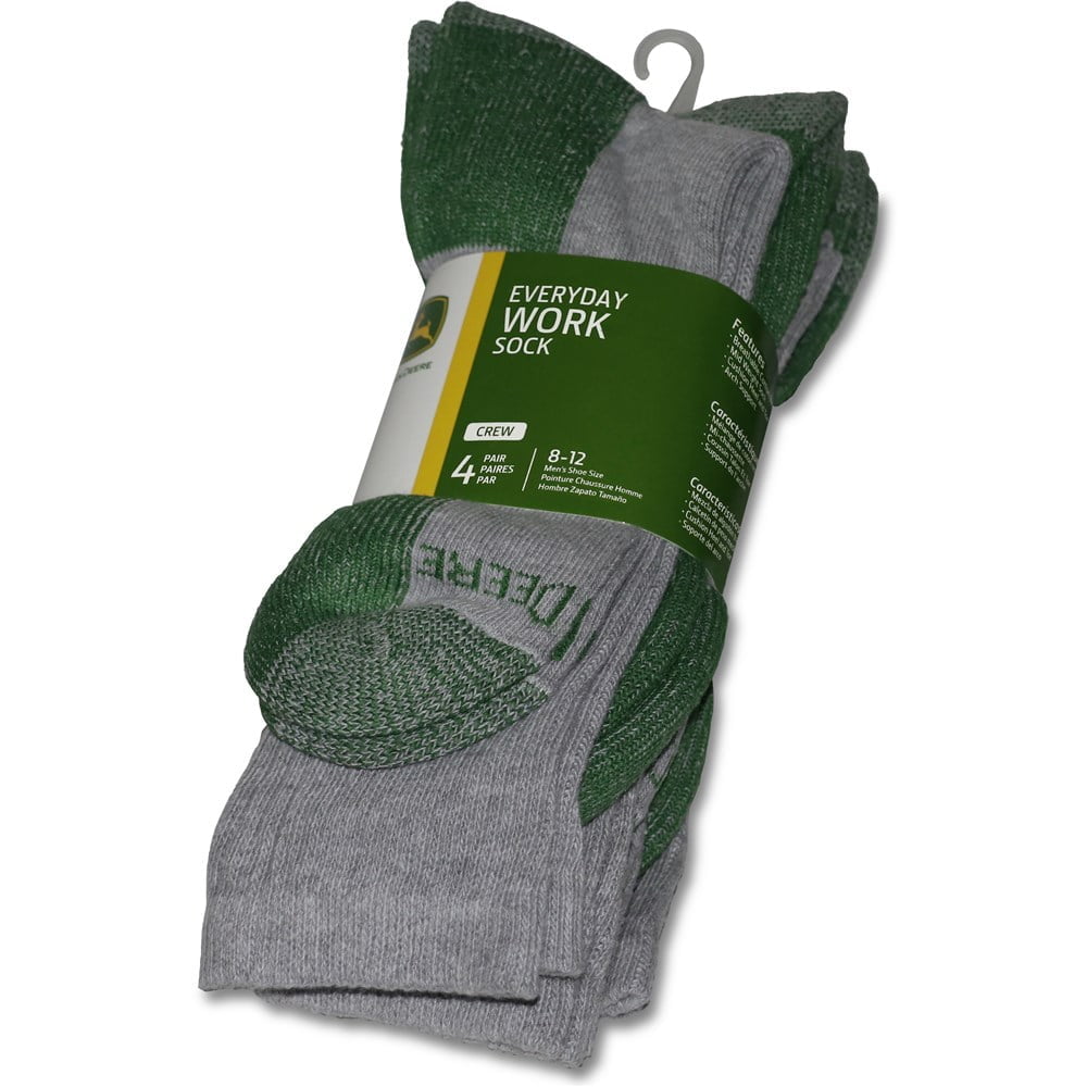 John Deere 4PK of Grey & Green Crew Work Socks Men's 8-12 JD90910GYCAU