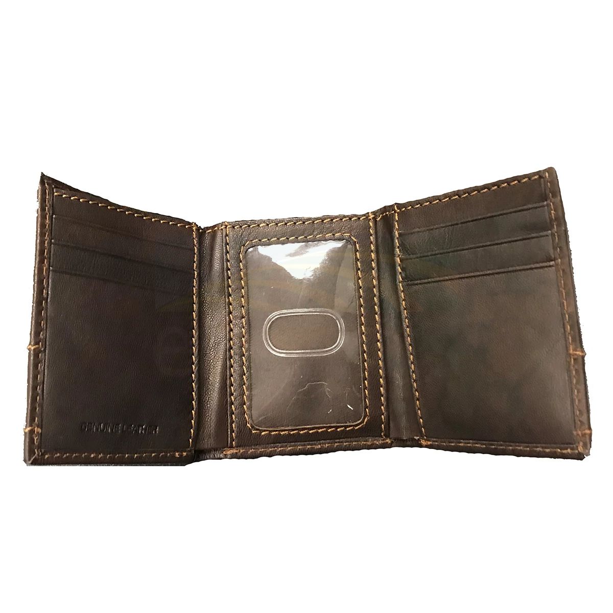John Deere Brown Antique Leather Stitched Tri-Fold Wallet with Rubber Trademark Logo Patch 4089000-200