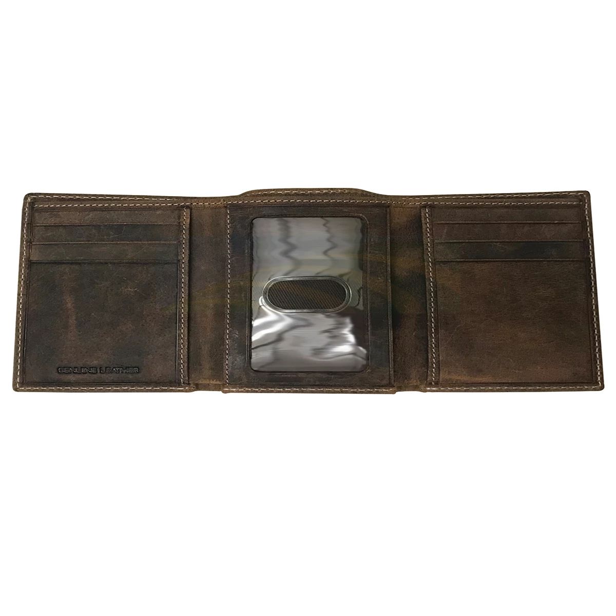 John Deere Tan Distressed Leather Tri-Fold Wallet with Rubber Trademark Patch 4095000-210
