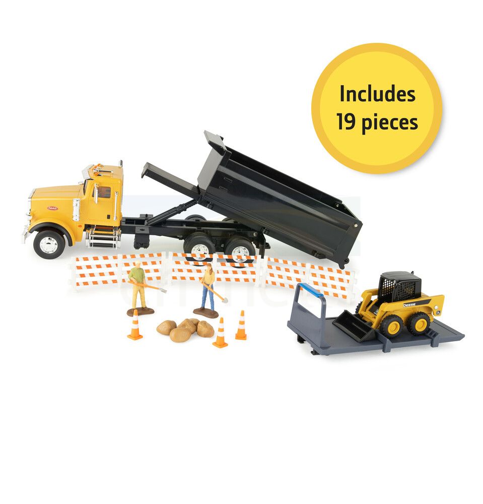1:32 John Deere Peterbilt Semi Construction Switch N Load Set; Dump Truck, Skid Steer, 2 Figures, Barricades, Cones & Boulders 47523