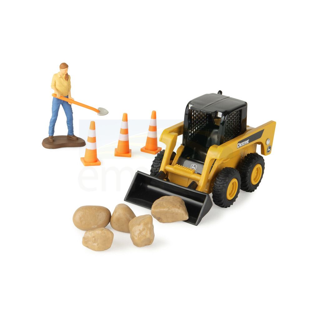 1:32 John Deere Peterbilt Semi Construction Switch N Load Set; Dump Truck, Skid Steer, 2 Figures, Barricades, Cones & Boulders 47523