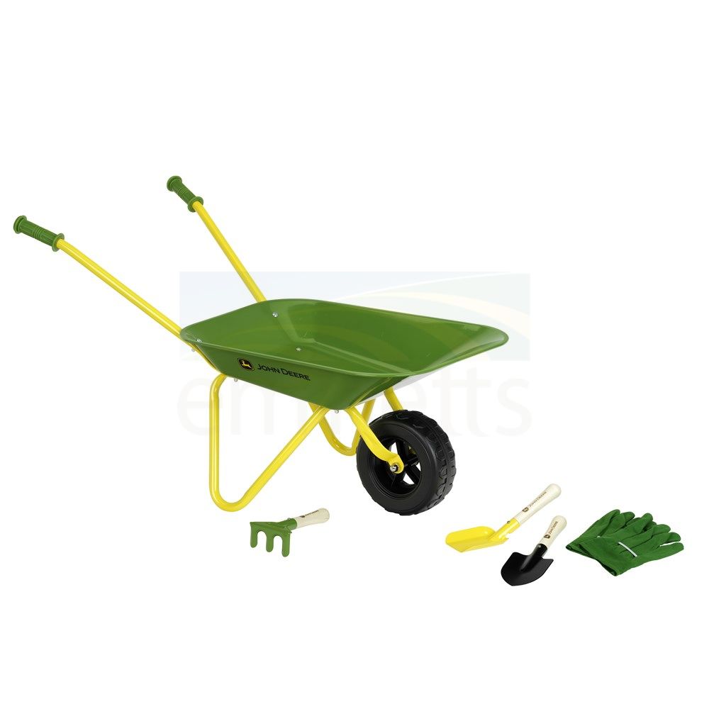 John Deere Metal Wheelbarrow Set with Gloves, Shovel Rake & Spade 3976