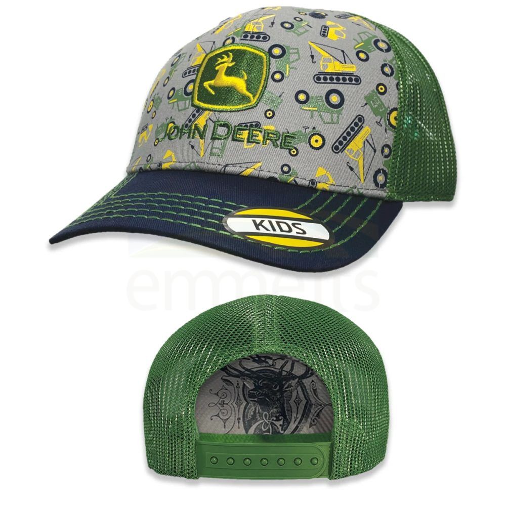 John Deere Kids Navy, Grey & Green Mesh Trucker Cap with All Over Pattern and Embroidered Logo J52F-02WY-JDR-AQN