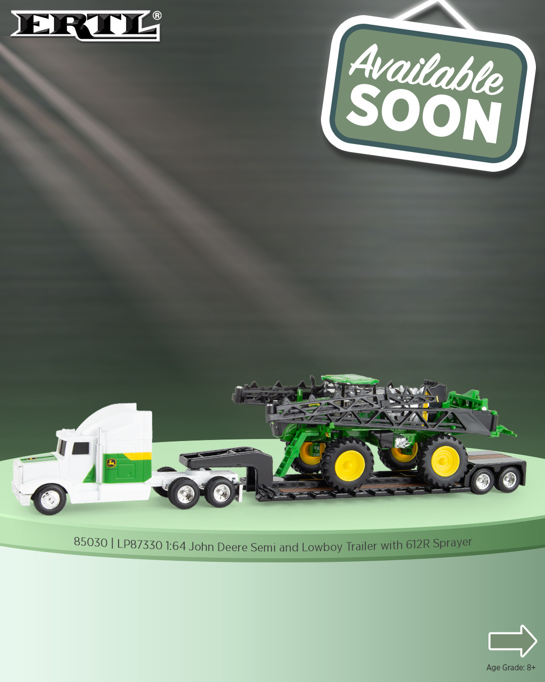 1:64 John Deere Decal Semi Truck and Trailer with John Deere 612R Sprayer 85030