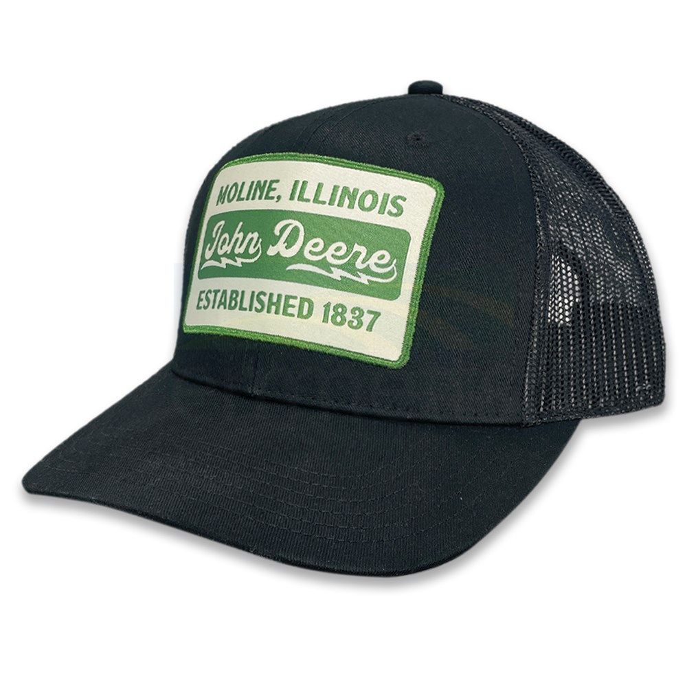 John Deere Black Trucker Cap with Vintage Moline, Illinois Est. 1837 Patch 14A-02WS-JDR-Z72